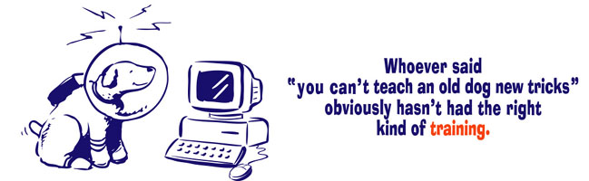 This is a cartoon dog in a space suit smiling and twitching its tail at a cartoon desktop computer. The text reads whoever said you can't teach a dog new tricks, obviously hasn't had the right kind of training.
