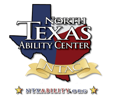 This is our logo. It is the State of Texas with the left half blue, upper right part white and the lower right side red. The words North Texas Ability Center are over the state with the word Texas larger than the other text. Below the state logo is a gold banner in the shape of a ribbon with the letters, N, T, A and C centered on the ribbon.